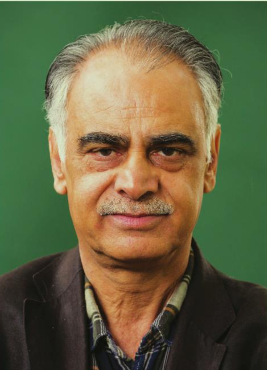 Headshot of Ziauddin Sardar, facing the camera, with a green background